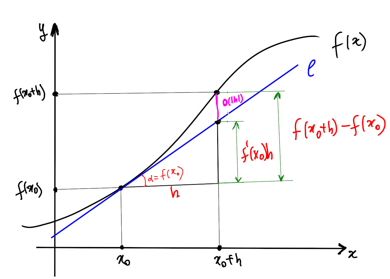 Таким образом, если функция f(x) дифференцируема в точке x_0, то её можно приблизить линейной функцией f'(x_0)(x-x_0) +f(x_0), при этом o(|h|) показывает, насколько далеко это приближение.